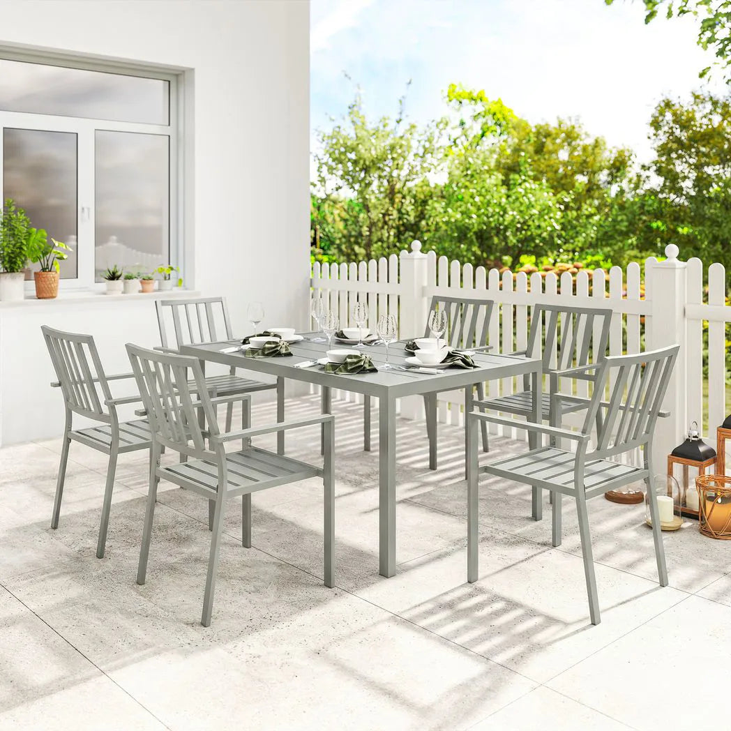 Outsunny 7 Piece Garden Dining Set – 152cm Steel Table with Parasol Hole and 6 Stackable Armchairs, Light Grey