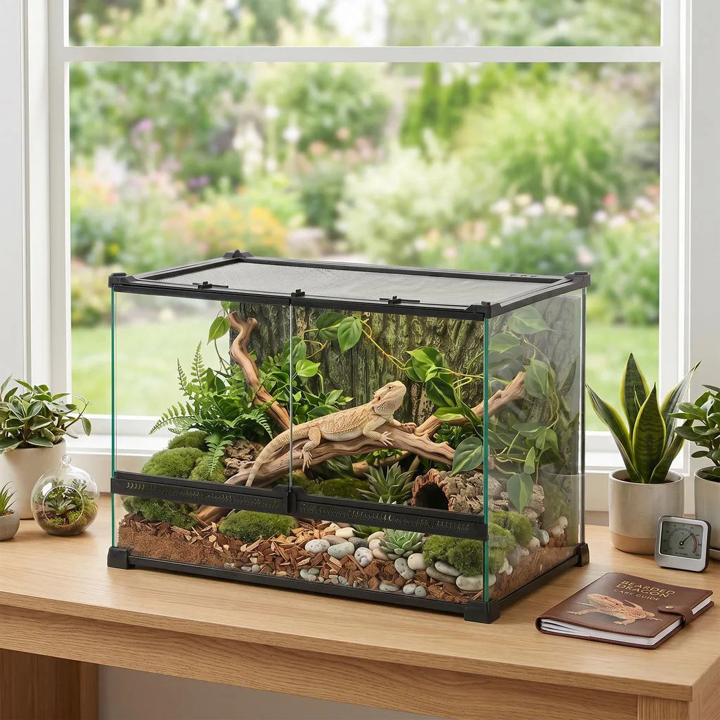 PawHut Reptile Glass Terrarium with Stone Background, Front Ventilation and Knob Lock, 50 x 30 x 35 cm, Black