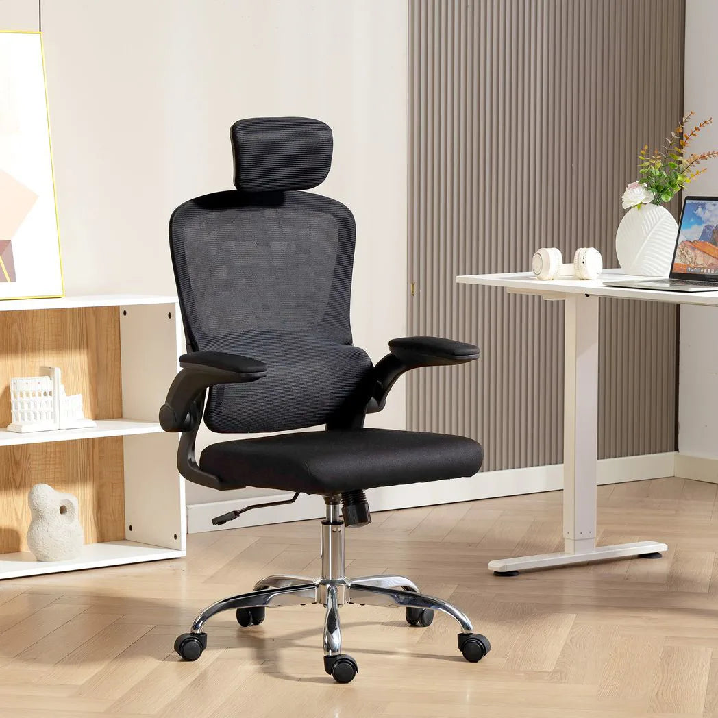 HOMCOM Mesh Back Office Chair with Lumbar Support, Flip-Up Armrests & Rocking – Desk Chair, Black