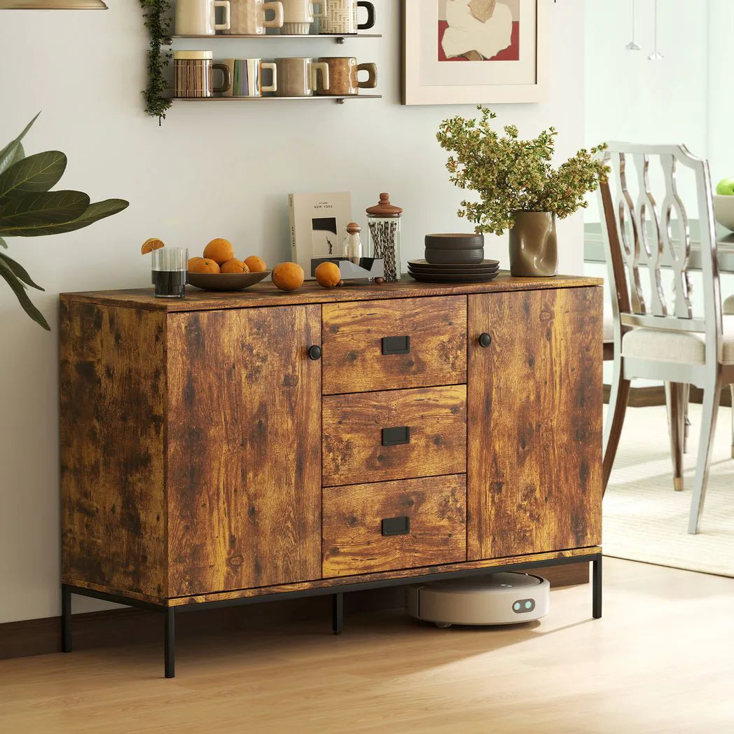 HOMCOM Modern Rustic Sideboard with 2 Cupboards and 3 Drawers – Kitchen Storage Cabinet with Metal Legs, Brown