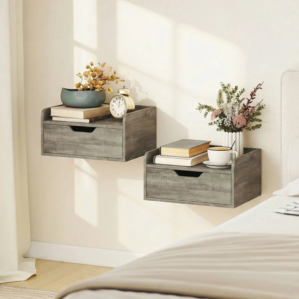 HOMCOM Set of 2 Floating Nightstands with Drawer, Wall-Mounted Bedside Tables – Bedroom Storage, Grey Wood Effect