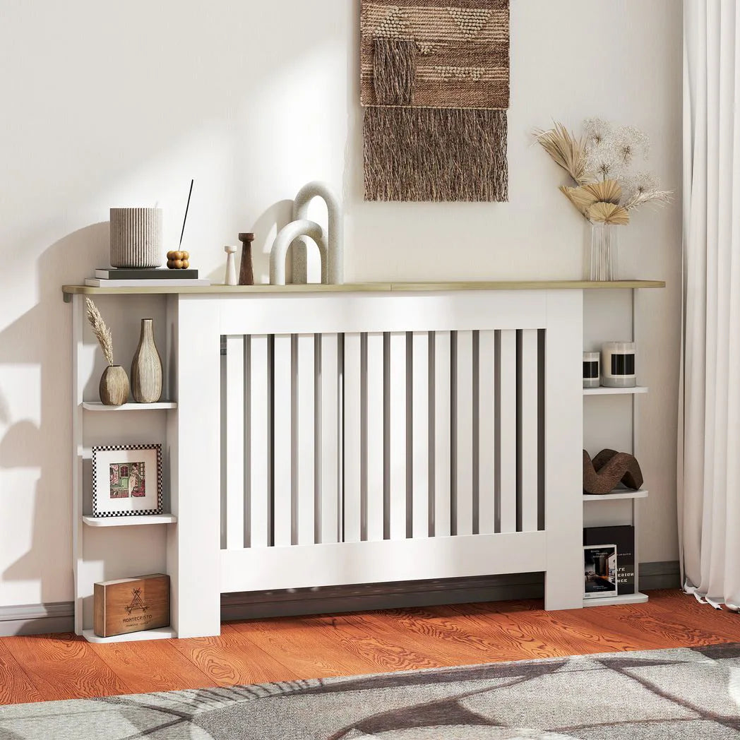 HOMCOM Radiator Cover with Open Storage Shelves and Vertical Slats – Heater Cabinet for Living Room & Hallway, White