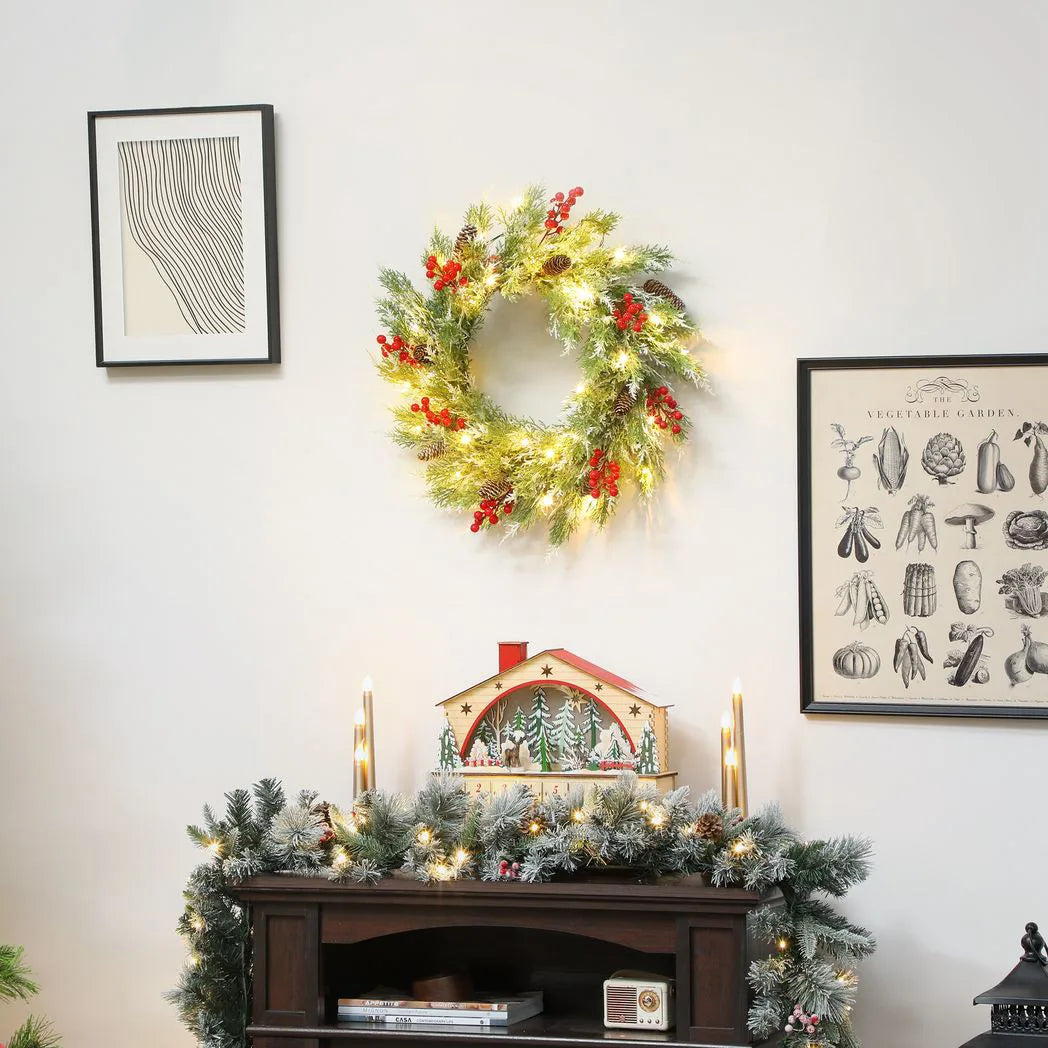 HOMCOM 60 cm Prelit Christmas Wreath with 30 Warm White LEDs and Timer – Battery-Operated Door Wreath with Realistic Branches