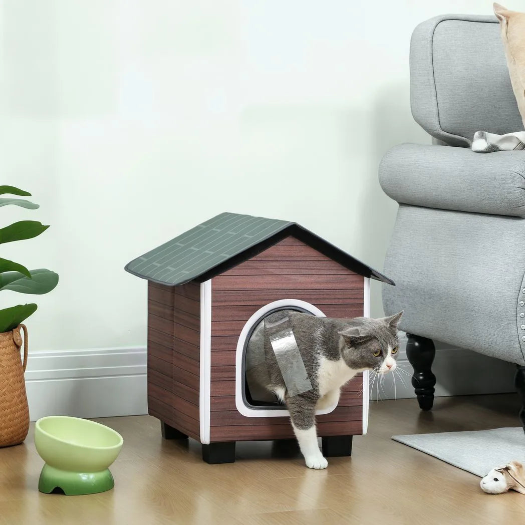 PawHut Insulated Outdoor Cat House with Elevated Base and Cushion – Water-Resistant Cat Shelter, Red-brown