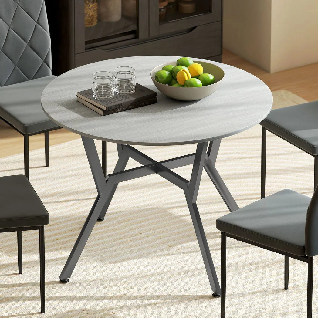 HOMCOM Round Dining Table for 4 with Metal Frame and Anti-Slip Foot Pads, 90cm – Space-Saving Kitchen Table, Grey