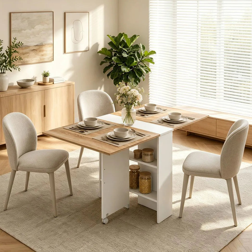 HOMCOM Folding Drop Leaf Dining Table with 2-Tier Shelves and Lockable Wheels – Space-Saving Table for 4, White and Natural
