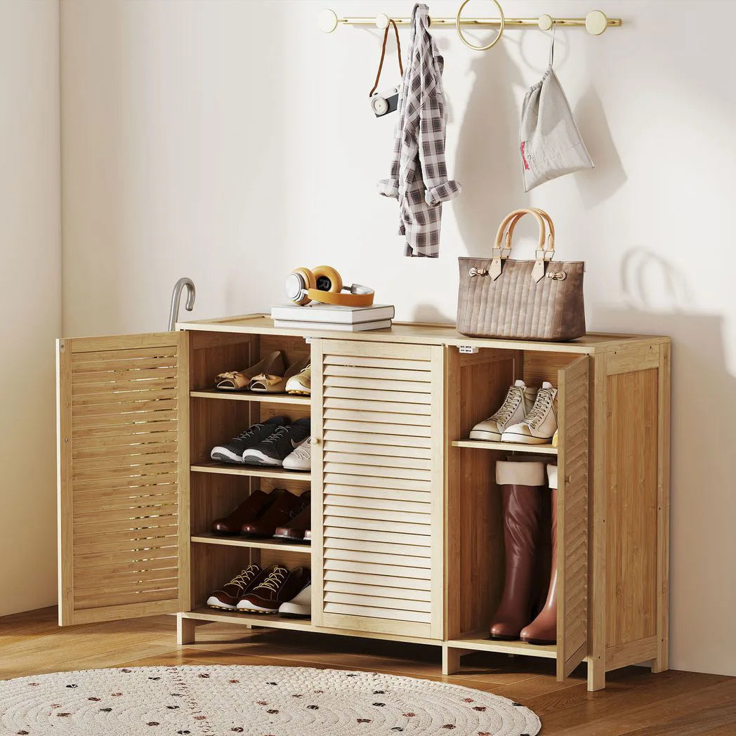 HOMCOM Bamboo Shoe Cabinet with Louvred Doors and Adjustable Shelves – Holds 18 Pairs, Natural