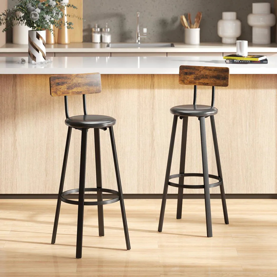HOMCOM Set of 2 Industrial-Style Bar Stools with Metal Frames and Faux Leather Seats – Brown/Black