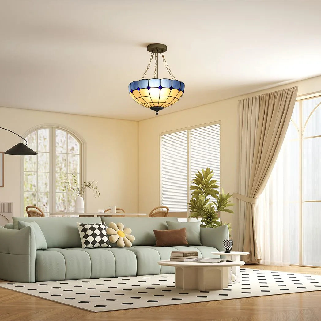 HOMCOM Tiffany Style Semi Flush Ceiling Light with 3 E27 Sockets – Vintage Stained Glass Chandelier for Living Room