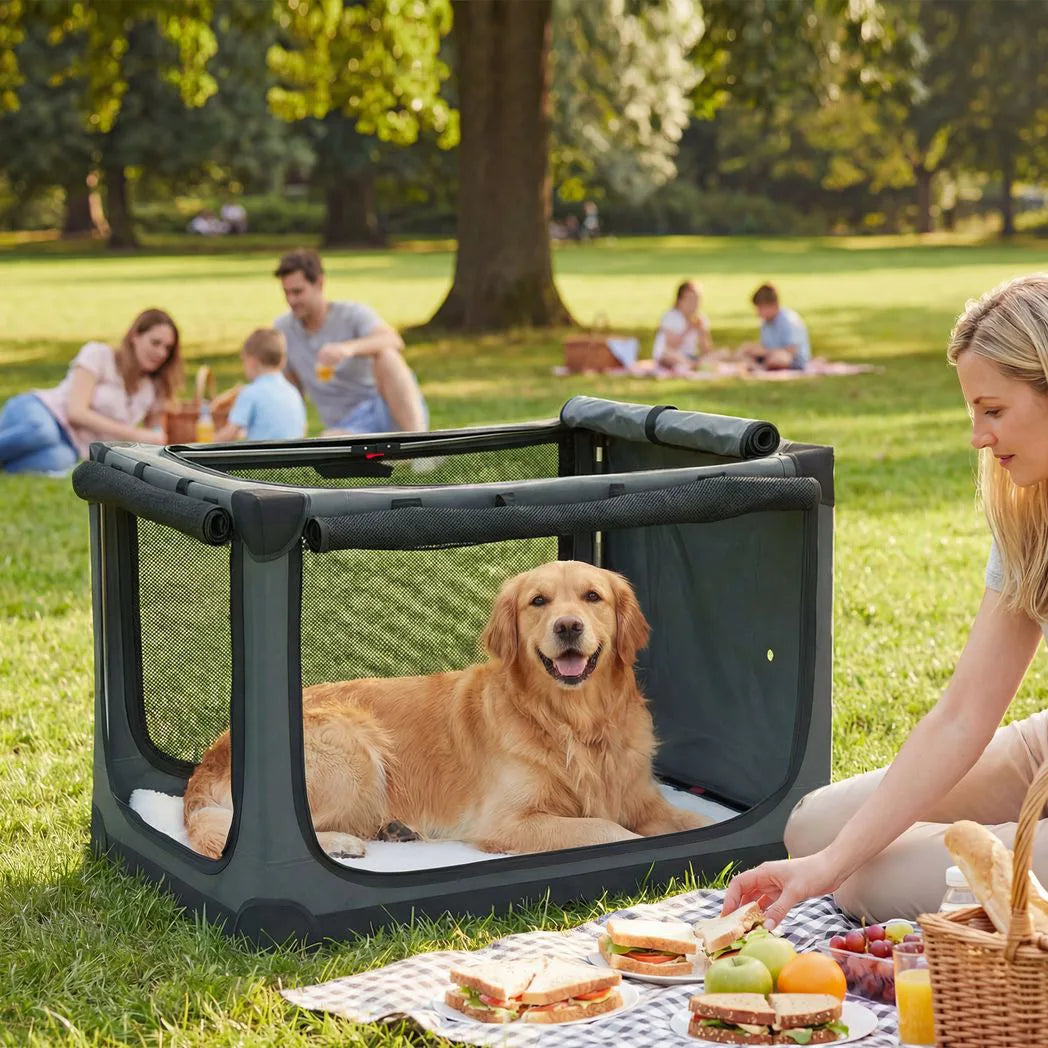 PawHut Soft Dog Travel Crate, 90 x 64 x 64 cm, with Removable Pad and Mesh Windows – Foldable, Army Green