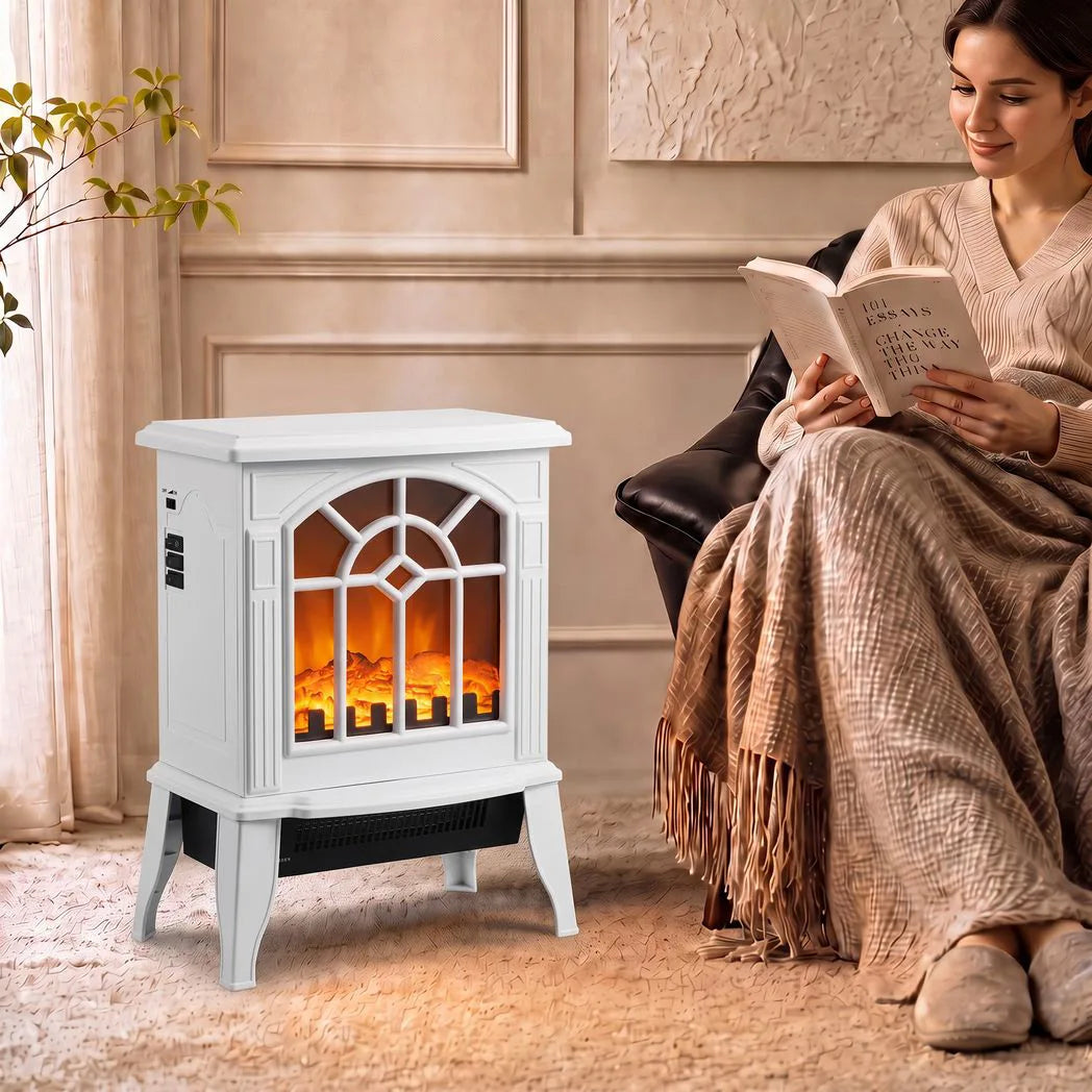 HOMCOM Freestanding Electric Fireplace with 3D LED Flame, 1000W/2000W Log Burner and Dual Safety, White