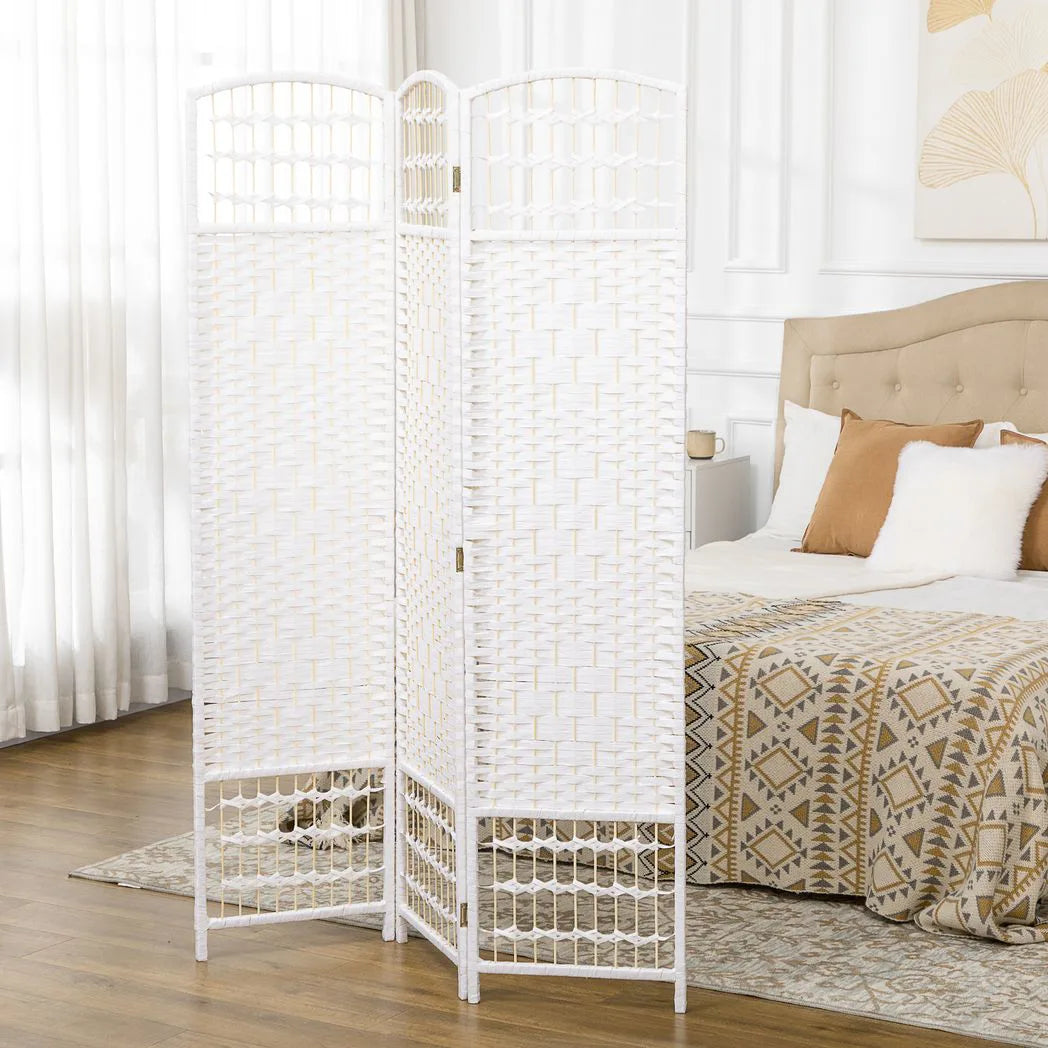 HOMCOM 3 Panel Folding Room Divider, Hand-Woven Paper Rope & Bamboo Privacy Screen – Living Room Partition