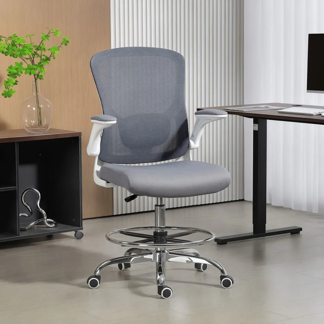 HOMCOM Draughtsman Chair with Adjustable Lumbar & Flip-up Armrests – Mesh Back Drafting Chair, Charcoal grey