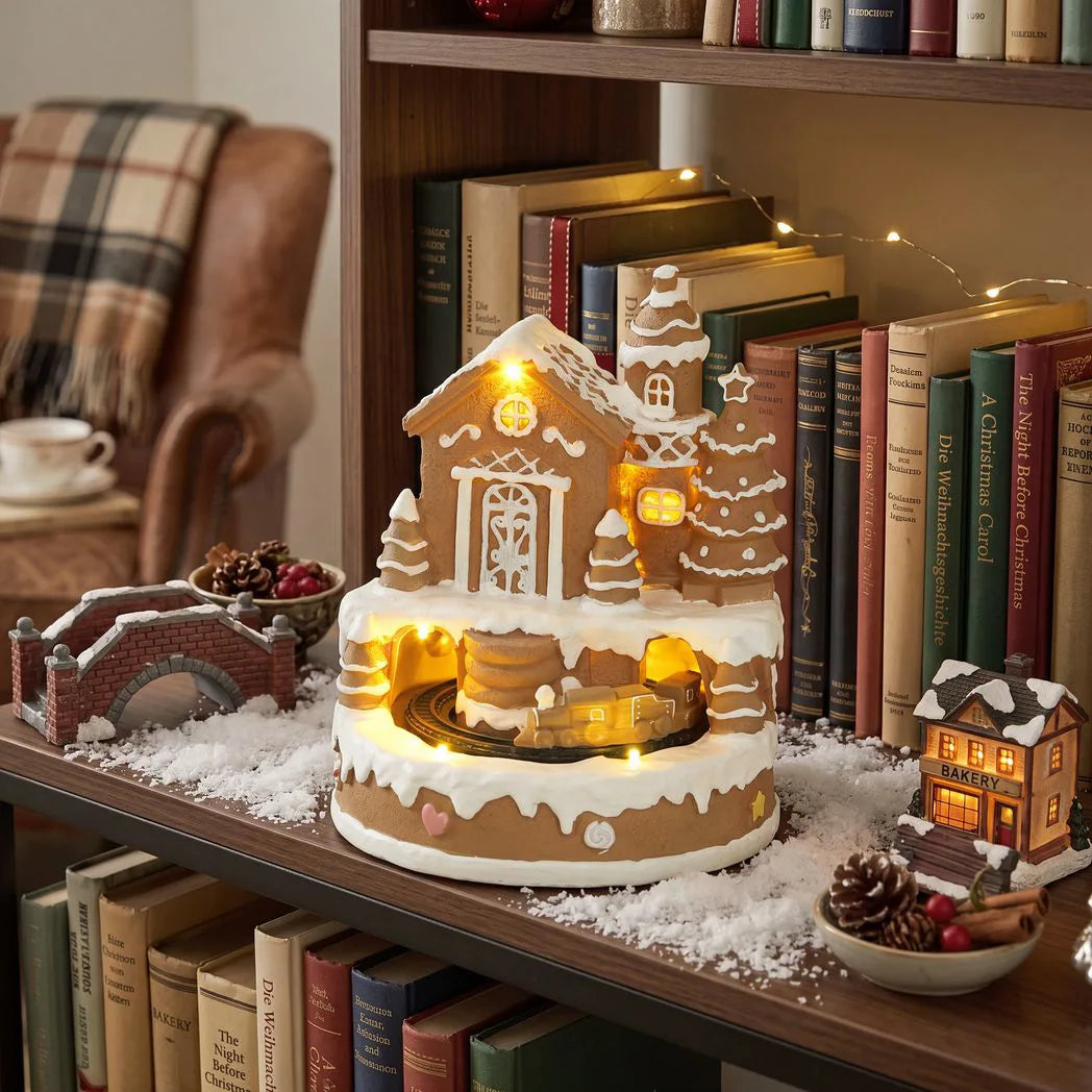 HOMCOM Christmas Gingerbread House with Rotating Train, LEDs & 8 Tunes – Lighted Musical Snow Village