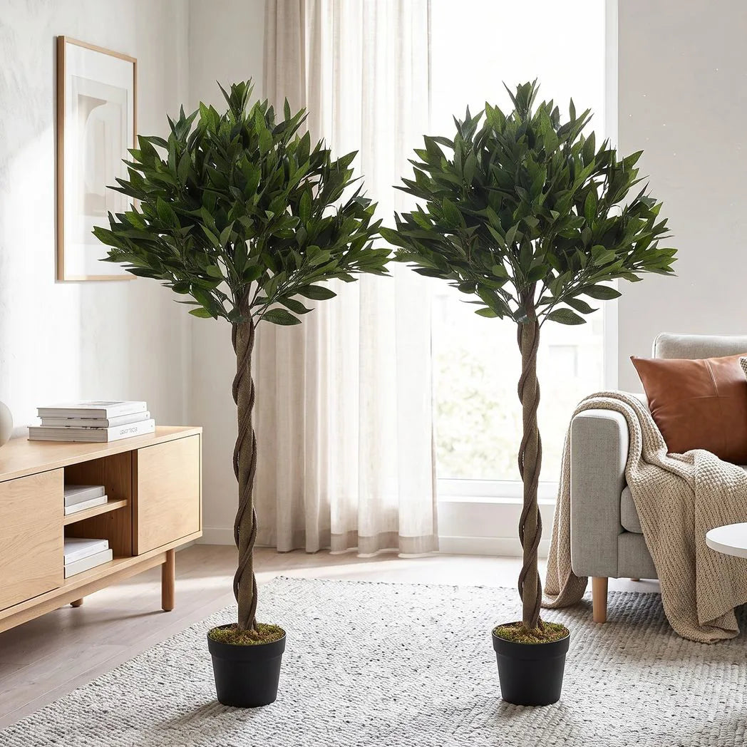 Outsunny Set of 2 Artificial Bay Laurel Topiary Trees with Weighted Pots – Outdoor Faux Plants, 120 cm