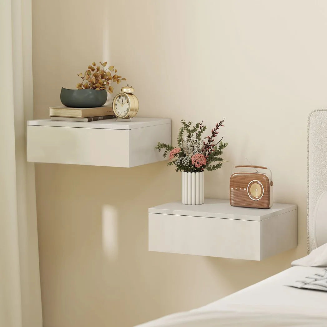 HOMCOM Set of 2 Floating Bedside Tables with High Gloss Finish and Storage Drawer – Wall-Mounted, White