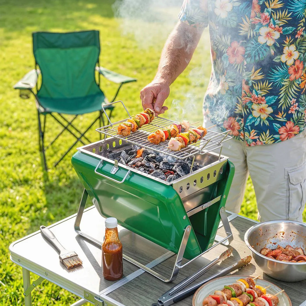 Outsunny Portable Briefcase Charcoal BBQ with Tilting Grate and Stainless Steel Basin, Dark Green