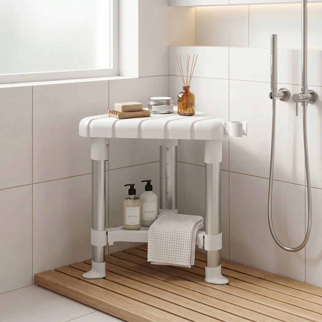 HOMCOM Corner Shower Stool with Storage Shelf, Aluminium Frame and HDPE Seat – Height Adjustable Chair, White