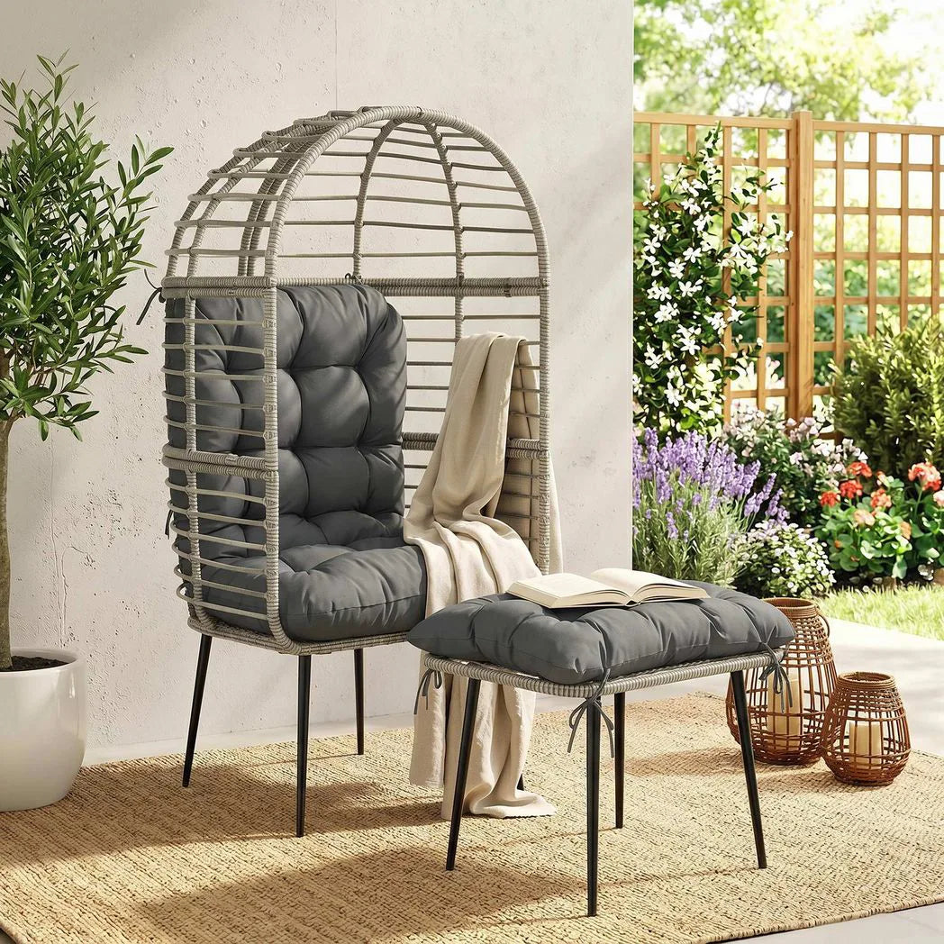 Outsunny Garden Egg Chair with Footstool, PE Rattan Indoor Outdoor Lounge Set with Thick Cushions – Light Grey