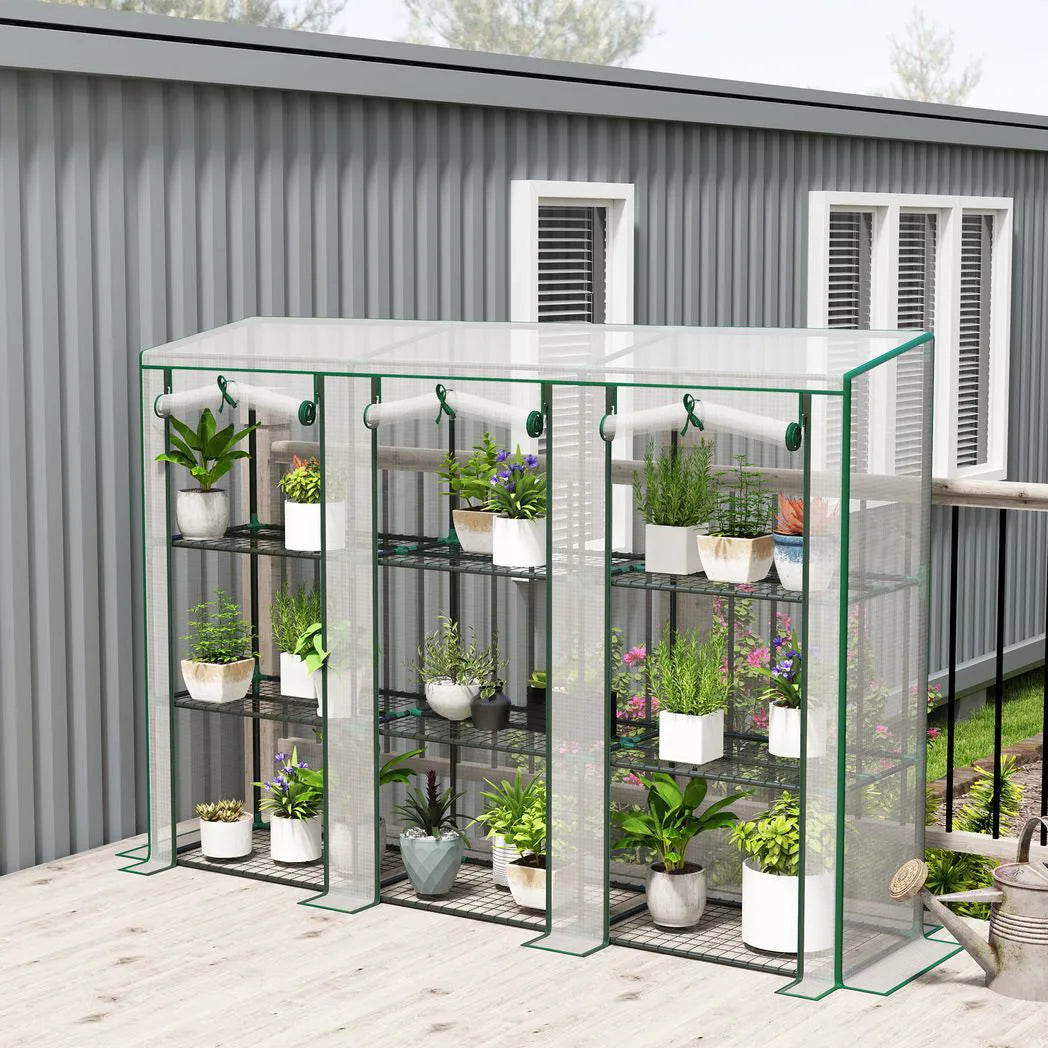 Outsunny Nine-Shelf Greenhouse with 3 Roll-Up Doors, Steel Frame & PE Cover – 46 x 215cm Portable Plant Shelf