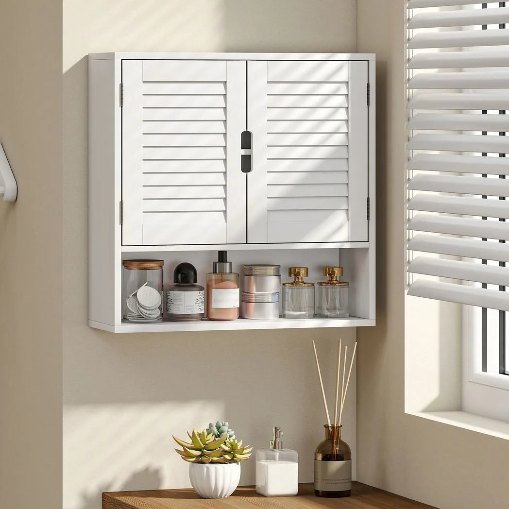HOMCOM Wall Mounted Bathroom Cabinet with Adjustable Shelves – 60 cm Louvred Door Storage, White