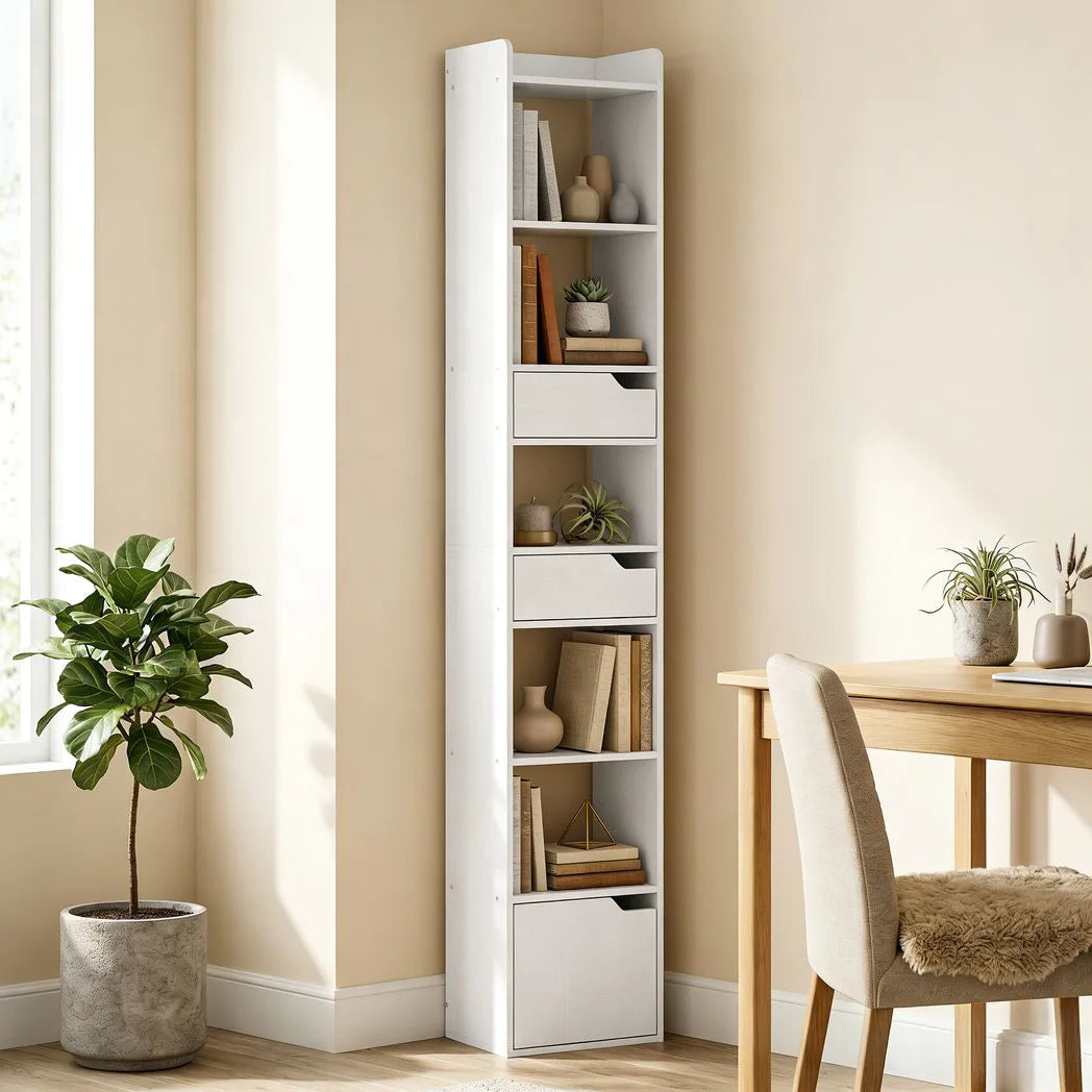 HOMCOM Tall Narrow Bookcase with Drawers and Bottom Cabinet – Freestanding Living Room Storage, White Wood Effect