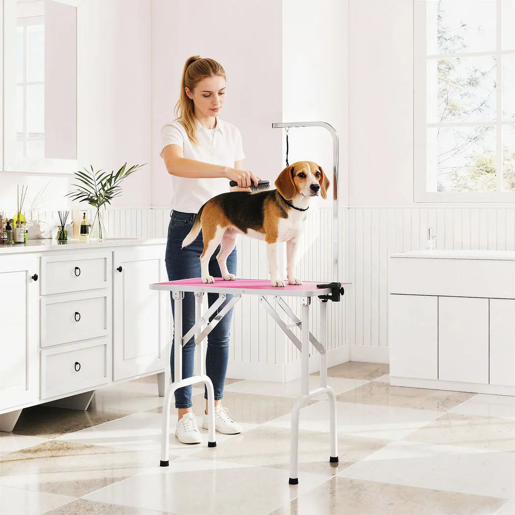 PawHut Foldable Dog Grooming Table with Adjustable Arm, Non-Slip Rubber Top and Noose – Pet Drying Table, 81cm, Pink
