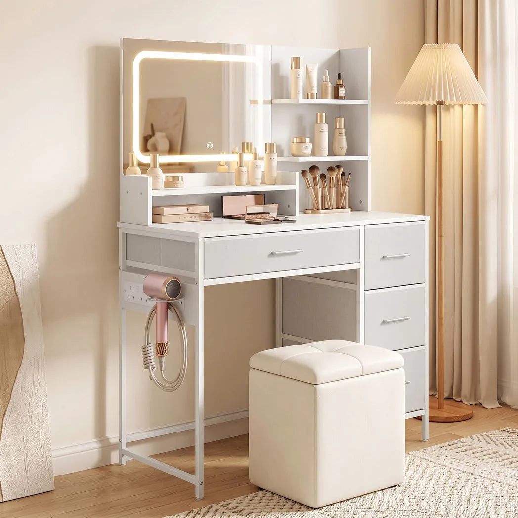 HOMCOM Dressing Table with 3-Colour LED Mirror, Power Outlets, 4 Drawers, 5 Shelves and Hair Dryer Holder