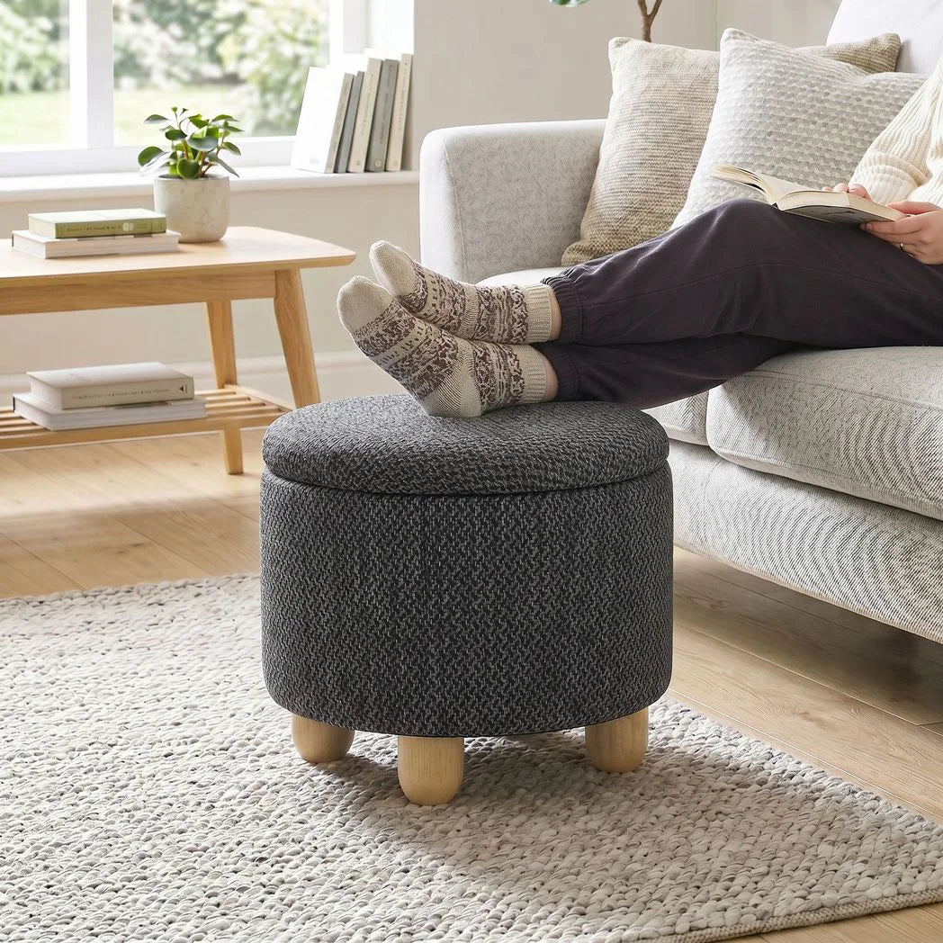 HOMCOM Round Storage Ottoman with Reversible Lid and Rubberwood Legs – 19L Footstool Bench, Dark Grey
