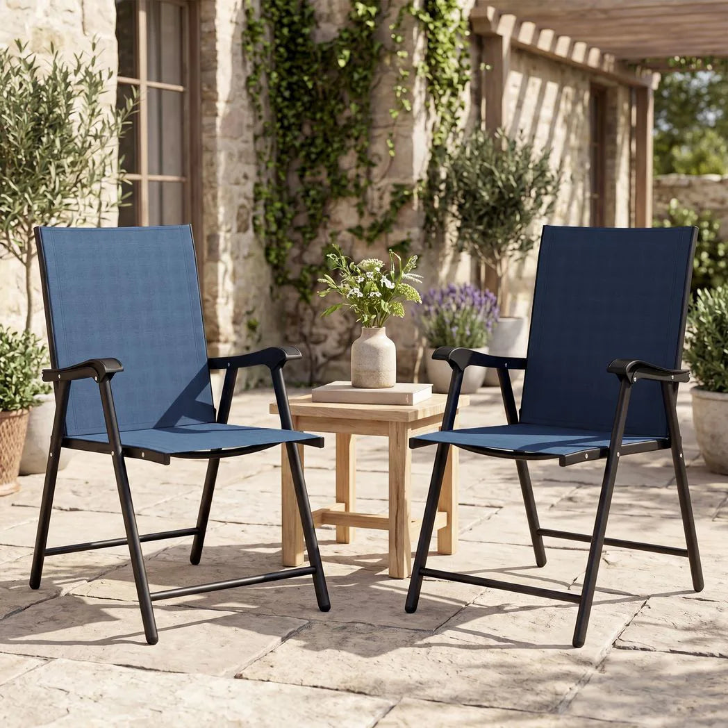 Outsunny Set of 2 Folding Garden Chairs with High Back, Armrests & Texteline Seat – Navy Blue