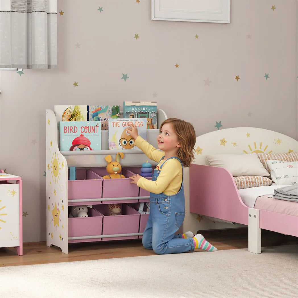 AIYAPLAY Kids Storage Unit with 6 Fabric Drawers & 2-Tier Sling Book Rack – Toy Organiser for Bedroom or Playroom, Pink
