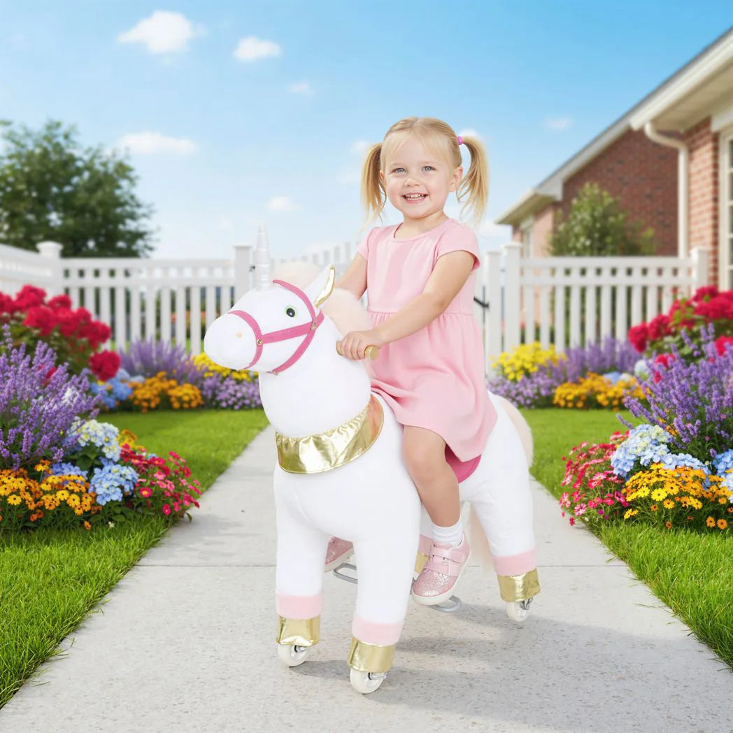 AIYAPLAY Kids Rocking Horse with Wheels & Pedals – Plush Walking Ride-On Unicorn Toy for Ages 3-5, White