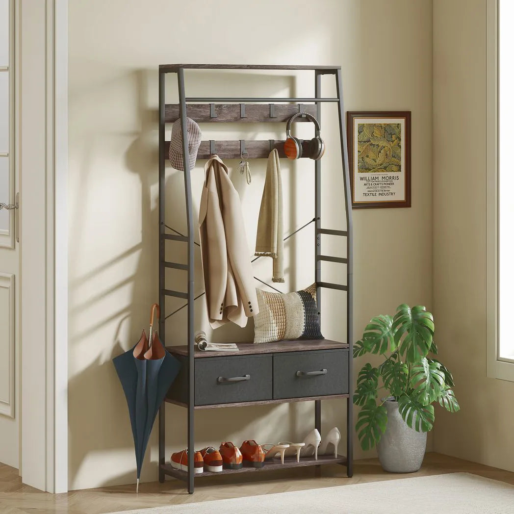 HOMCOM Industrial Hall Tree Coat Rack with Shoe Bench, 10 Removable Hooks, 2 Fabric Drawers and Clothes Rail – Grey