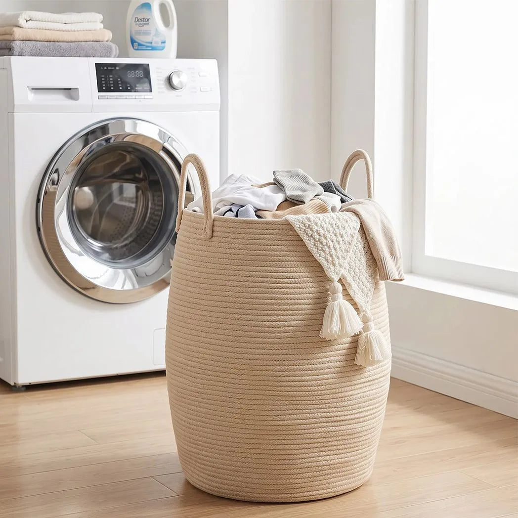 65L Foldable Laundry Basket with Handles – Fabric Washing Hamper & Storage Bin, Modern Minimalist, Beige