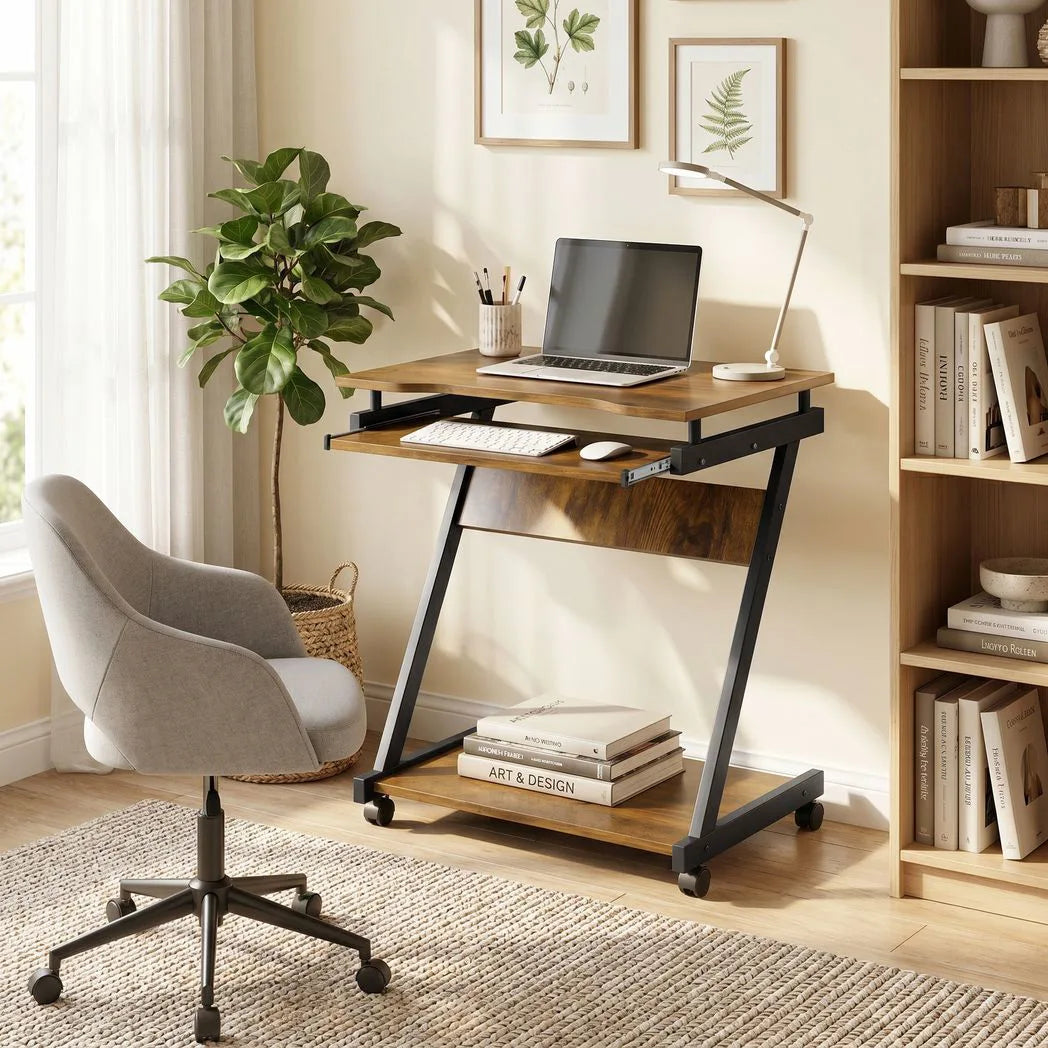 HOMCOM Movable Computer Desk with 4 Wheels and Keyboard Tray – Compact Home Office Workstation with Shelf