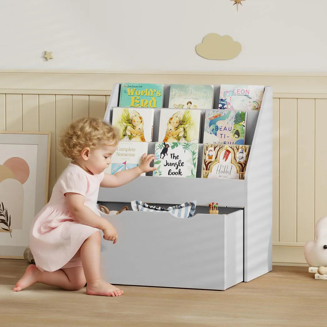 AIYAPLAY Kids Bookcase with 3 Shelves & Wheeled Drawer, Anti-Tip Device – Toy Storage for Playroom, Grey