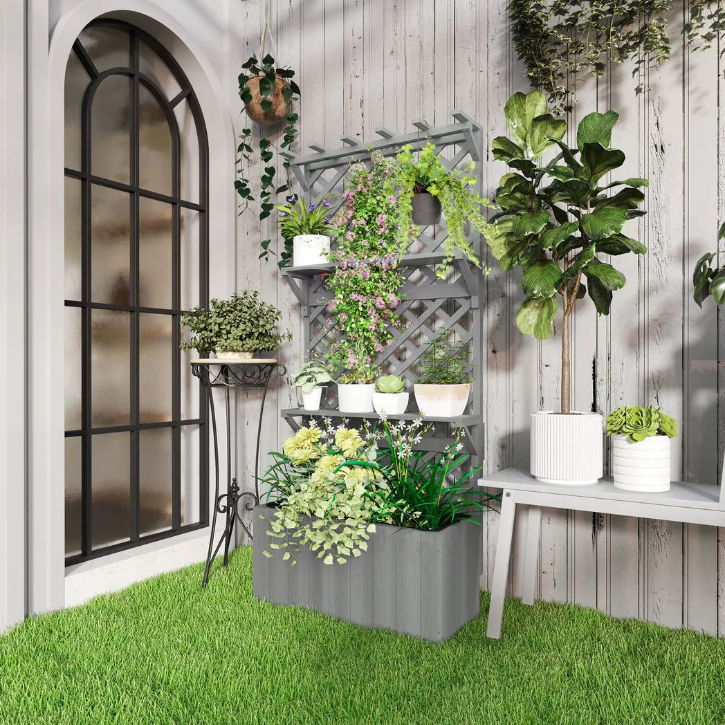 Outsunny 52L Wooden Planter with 146.5cm Trellis and Two Shelves – Raised Garden Bed for Climbers, Grey