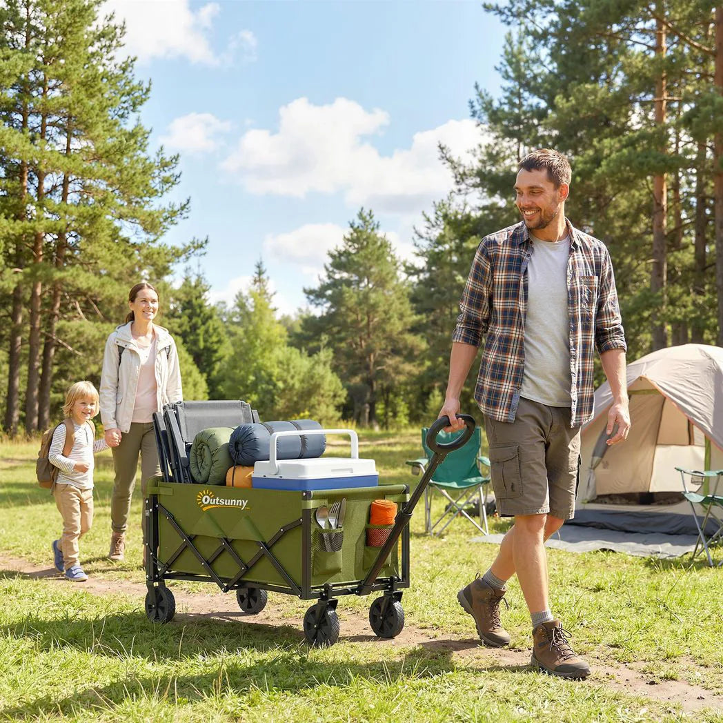Outsunny 60L Foldable Festival Trolley – Collapsible Wagon Cart with Drop-Down Tailgate and Adjustable Handle, Green