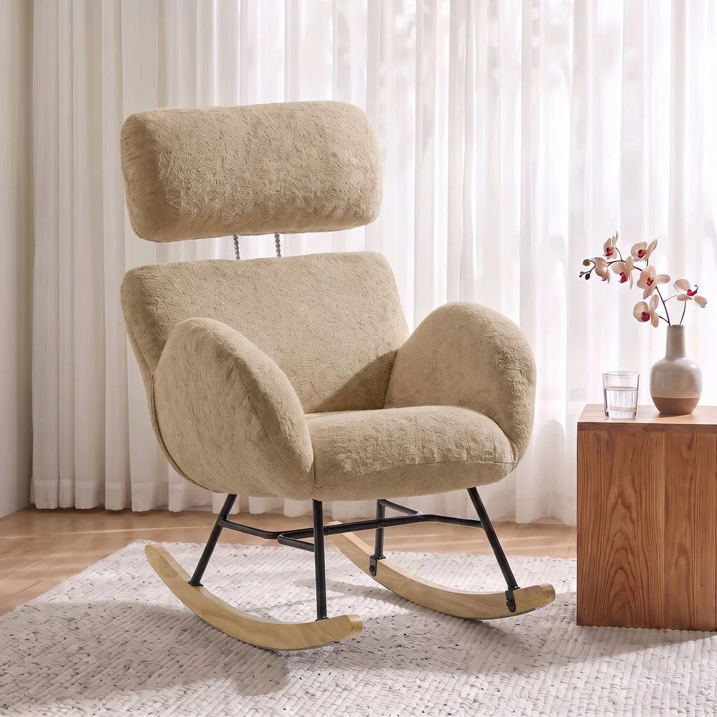 HOMCOM Upholstered Rocking Chair with Adjustable Headrest – Raindrop Velvet, Rubberwood Base, Light Brown