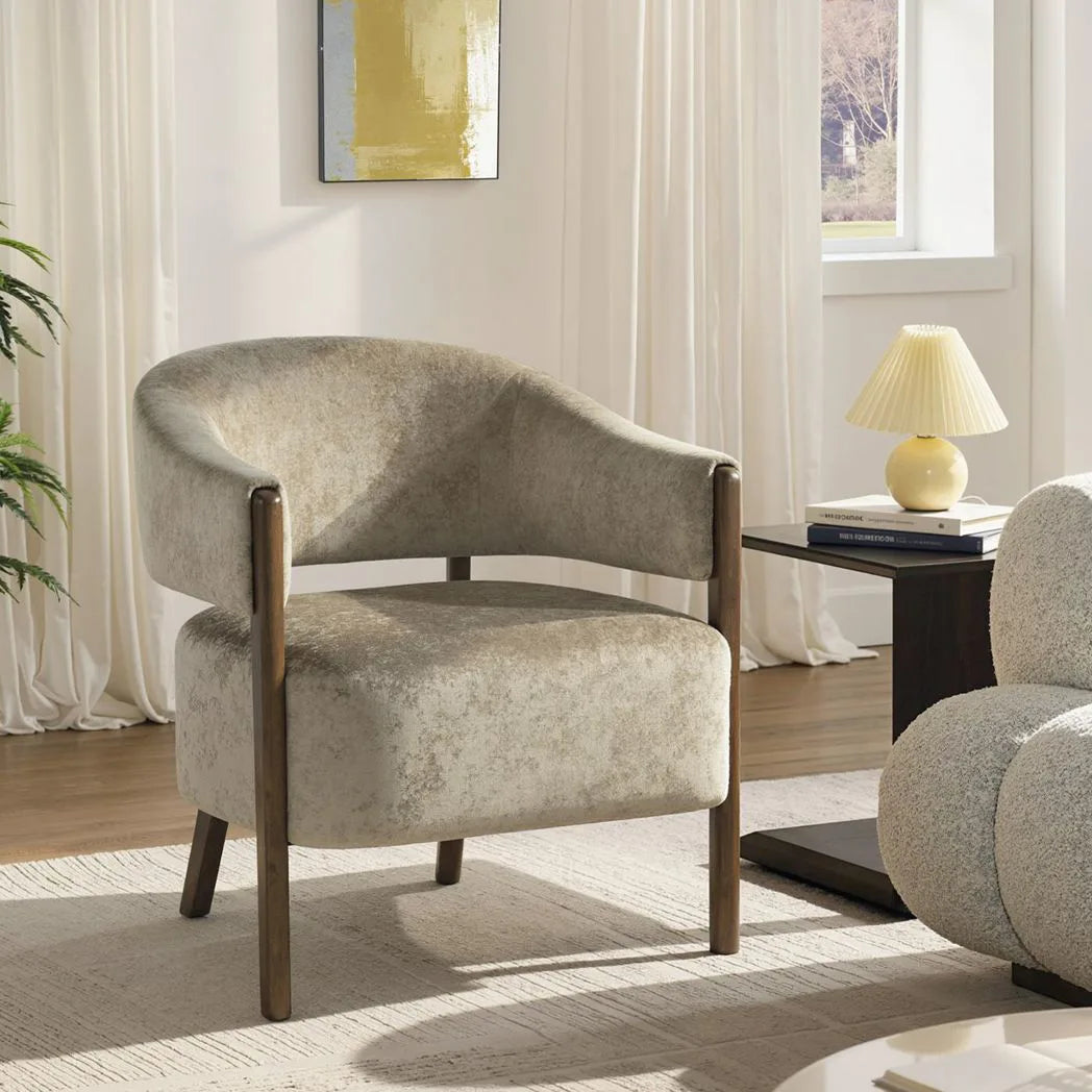 HOMCOM Chenille Tub Accent Chair with Curved Backrest and Solid Wood Frame – Light Brown Bedroom Armchair