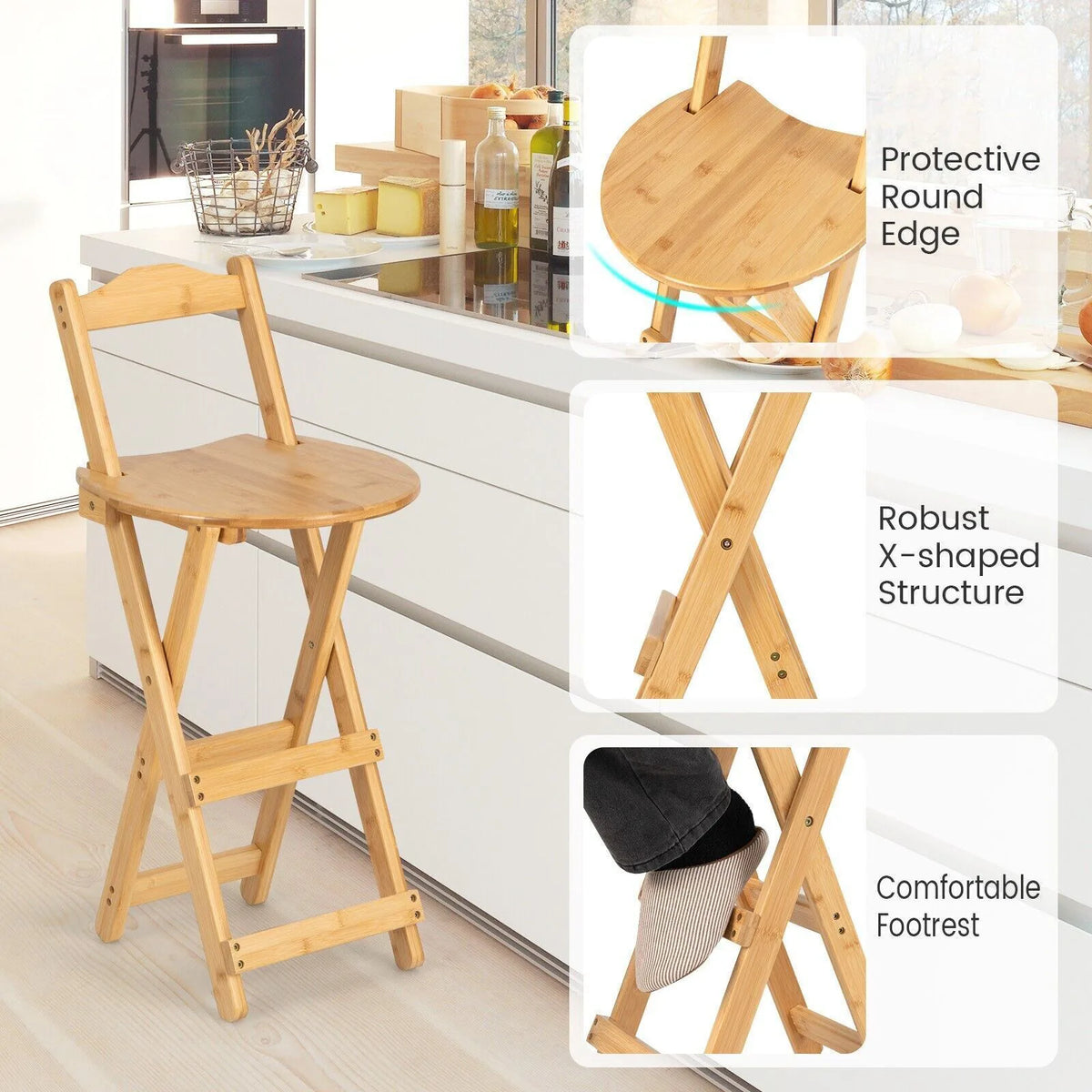 Foldable Bamboo Bar Stool with Backrest – Counter Height Kitchen Stool, Space-Saving Folding Design
