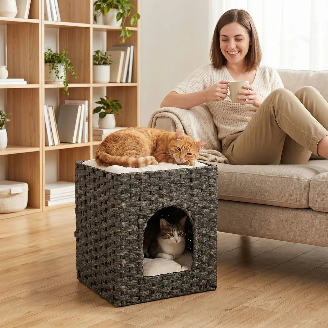 PawHut 2-Tier Wicker Cat House with Cushion – Handwoven Rattan Indoor Cat Bed, Grey