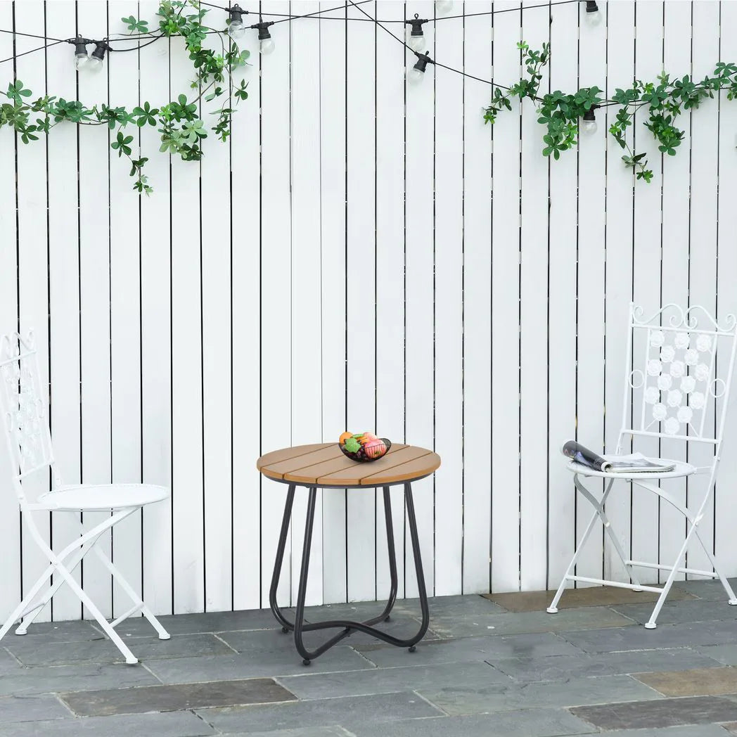 Outsunny Round Outdoor Side Table with Slatted Top and Adjustable Leg Pads, 49 x 49 x 48 cm – Natural Wood & Black