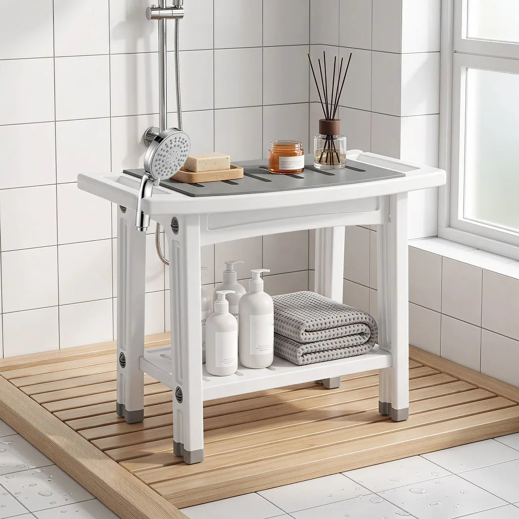 HOMCOM 2-Tier Shower Bench with Shelf, Shower Head Holder & EVA Seat Pad – Bathroom Stool, White and Grey
