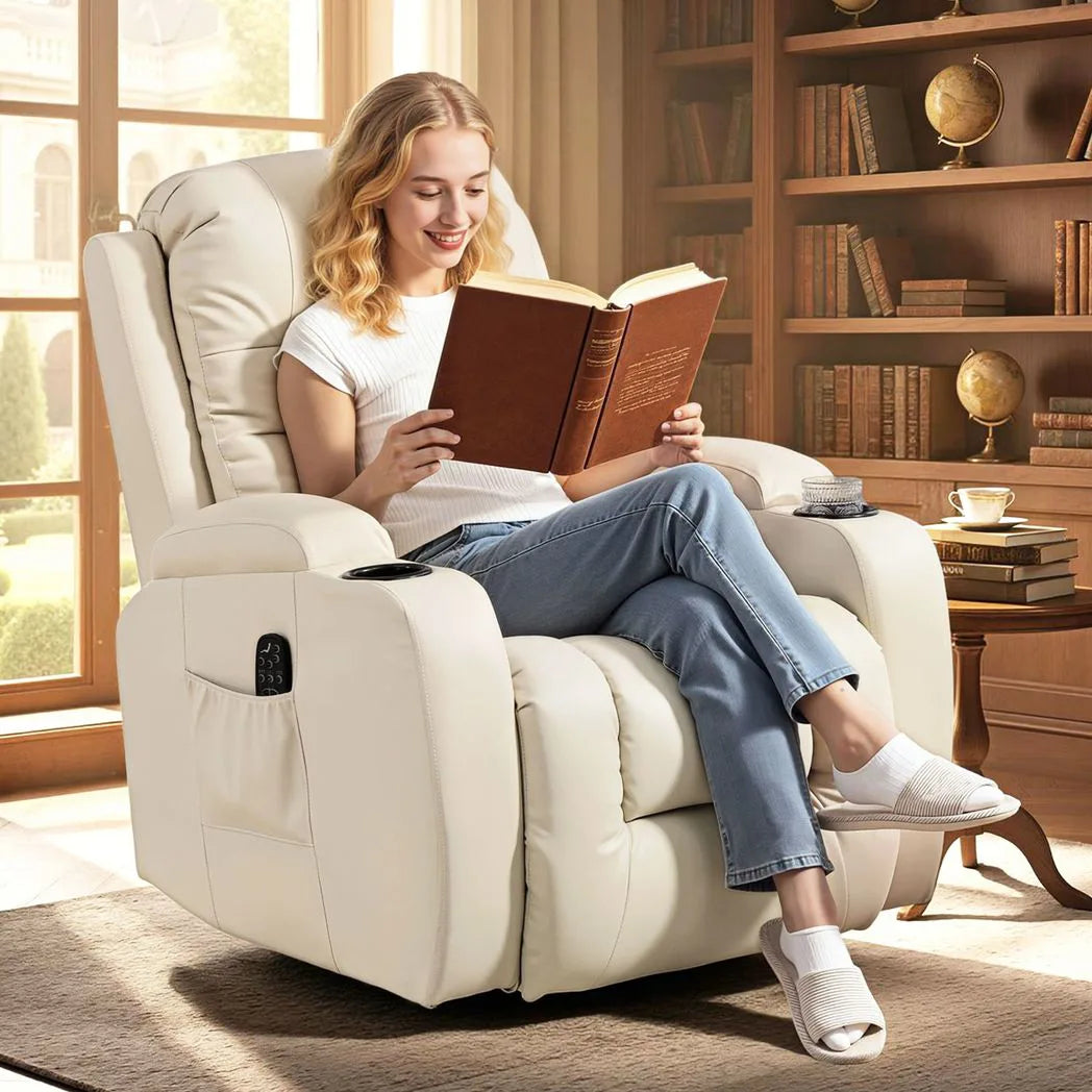 HOMCOM PU Leather Massage Recliner with Extended Footrest, Cup Holders and Side Pockets – Swivel Rocker, Cream