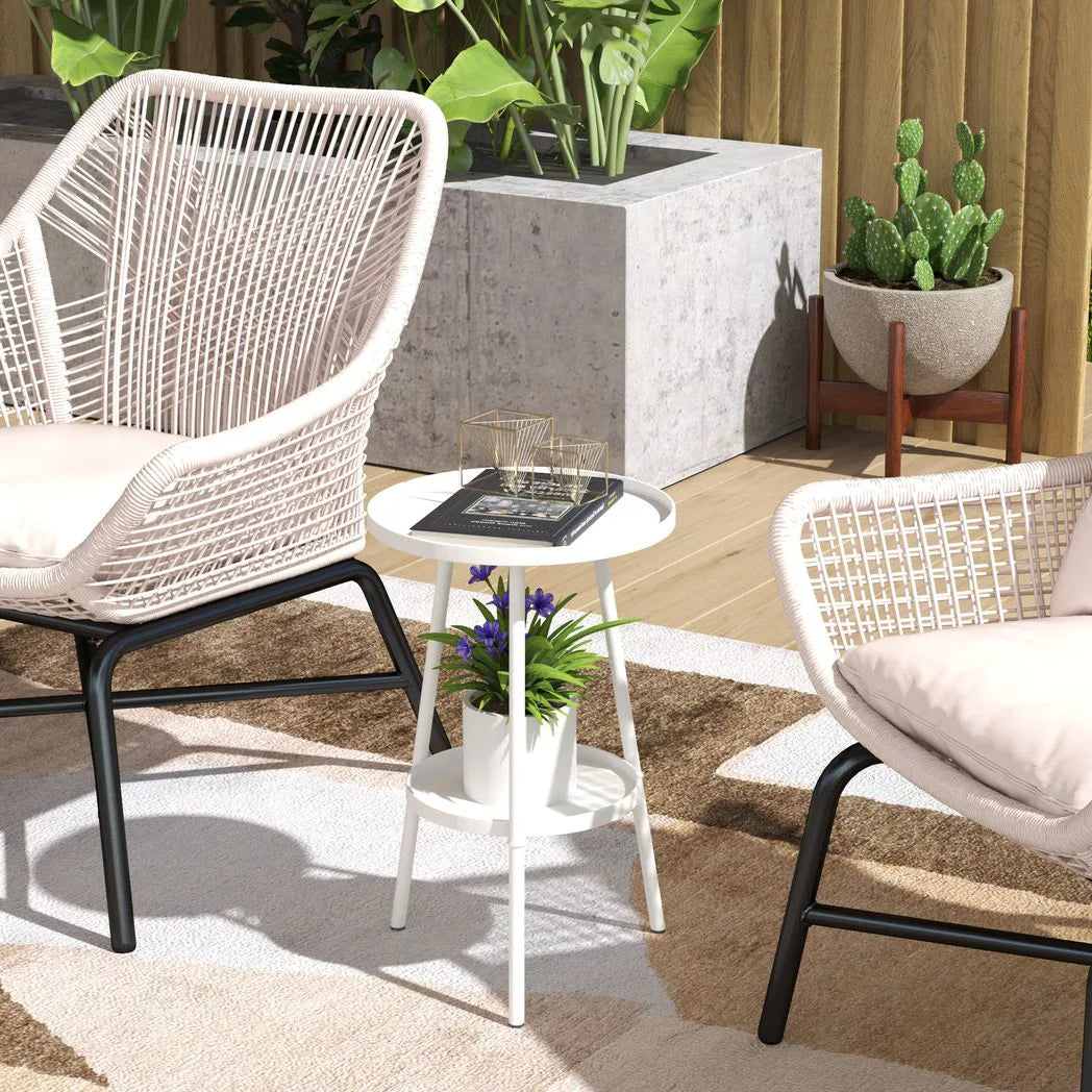 Outsunny Two-Tier Metal Garden Table with Tray-Style Tops – Compact Bistro and Balcony Side Table, White