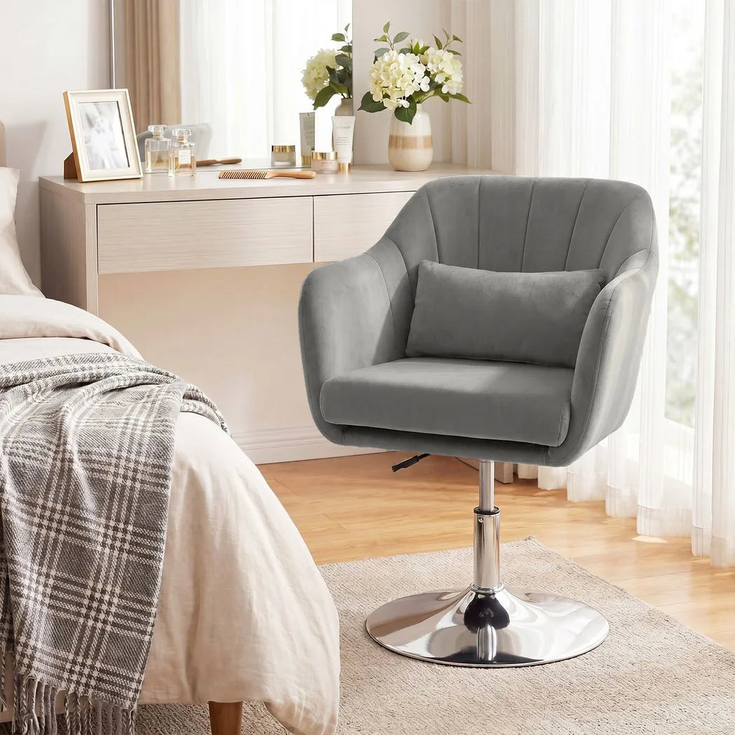 HOMCOM Retro Velvet Swivel Tub Chair with Adjustable Height and Steel Base – Vanity Accent Chair, Grey