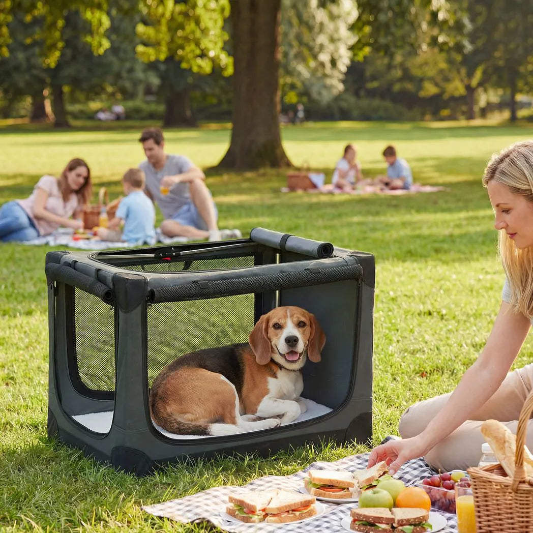 PawHut Foldable Soft Dog Crate with Removable Pad and Mesh Windows, 76 x 54 x 54 cm – Pet Travel Carrier, Army Green