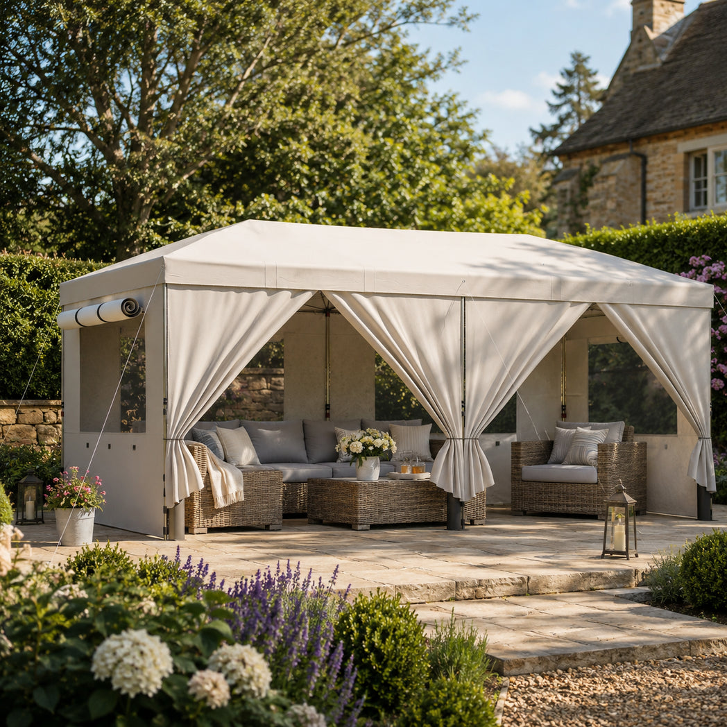 Outsunny 3 x 6 m Pop Up Gazebo with 6 Sidewalls – UV50 Garden Party Tent with Mesh Windows & Wheeled Bag, White