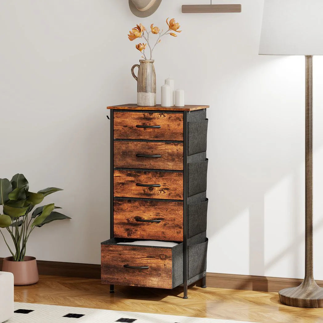 HOMCOM Chest of 5 Fabric Drawers with Steel Frame, Pockets & Hooks – Bedroom Storage, Rustic Brown